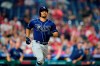 Tampa Bay Rays' Francisco Mejia runs the bases after hitting a three-run home run off Philadelphia Phillies pitcher Zack Wheeler during the ninth inning of an interleague baseball game, Wednesday, Aug. 25, 2021, in Philadelphia. (AP Photo/Matt Slocum)