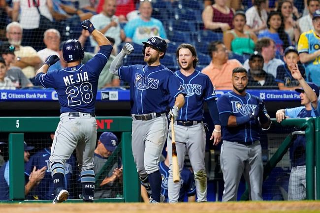 Tampa Bay Rays' Francisco Mejia, left, and Brandon Lowe celebrate after Mejia's three-run home run against Philadelphia Phillies pitcher Zack Wheeler during the ninth inning of an interleague baseball game, Wednesday, Aug. 25, 2021, in Philadelphia. (AP Photo/Matt Slocum)