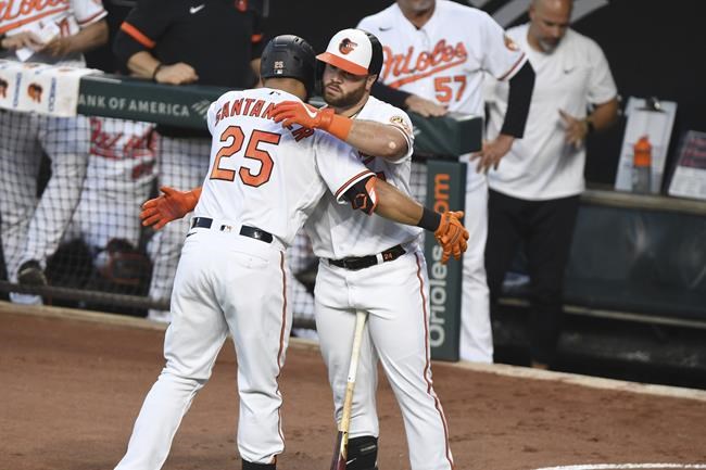 Baltimore Orioles' Anthony Santander (25) is greeted by DJ Stewart after hitting a first-inning solo home run off Los Angeles Angels starting pitcher Shohei Ohtani during a baseball game Wednesday, Aug. 25, 2021, in Baltimore. (AP Photo/Terrance Williams)