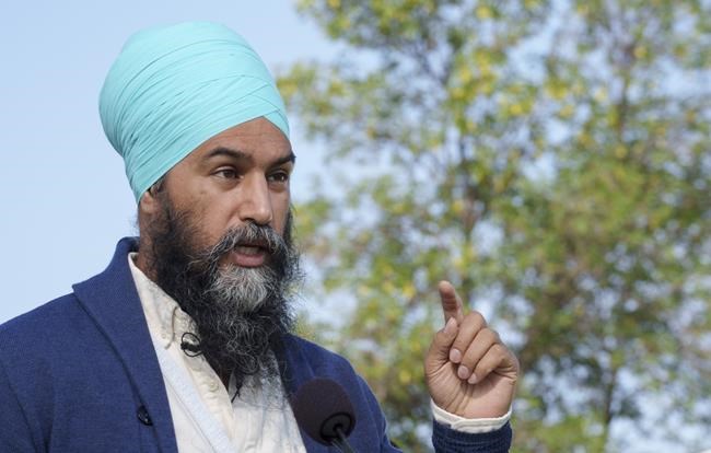 NDP Leader Jagmeet Singh responds to questions during a news conference in a park in Winnipeg, Thursday, Aug. 26, 2021. THE CANADIAN PRESS/Paul Chiasson