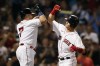 Boston Red Sox's Bobby Dalbec, right, celebrates hus three-run home run with Christian Vazquez (7) during the second inning of the team's baseball game against the Minnesota Twins, Thursday, Aug. 26, 2021, in Boston. (AP Photo/Michael Dwyer)