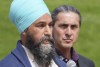 NDP leader Jagmeet Singh respond to questions after meeting with Grand Chief Arlen Dumas, right, Assembly of Manitoba Chiefs, in Winnipeg, on Thursday, August 26, 2021. THE CANADIAN PRESS/Paul Chiasson