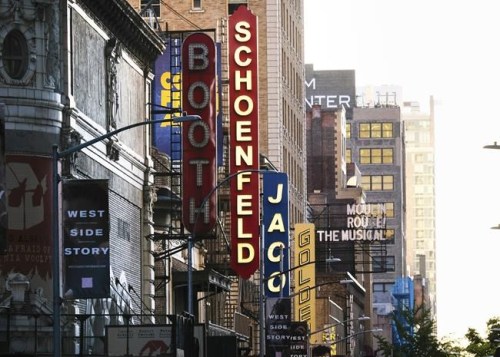 FILE - Theater's line 45th Street in New York on May 13, 2020. As Broadway reopens this fall, proof of full vaccination are required for entry and masks are mandated while moving through the theater. (Photo by Evan Agostini/Invision/AP, File)