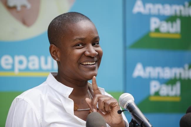 Green Party Leader Annamie Paul answers questions during a press conference as she officially opens her campaign office in Toronto Centre, Thursday, July 22, 2021. THE CANADIAN PRESS/Cole Burston
