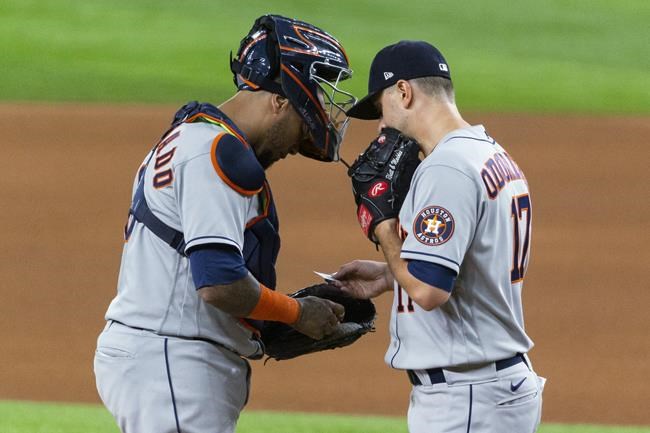 Houston Astros catcher Martin Maldonado, left, and starting pitcher Jake Odorizzi talk on the mound during the fourth inning of the team's baseball game against the Texas Rangers, Friday, Aug. 27, 2021, in Arlington, Texas. (AP Photo/Sam Hodde)