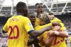 Crystal Palace's Conor Gallagher, right, celebrates with teammates after scoring during the English Premier League soccer match between West Ham United and Crystal Palace at the London Stadium, London, Saturday, Aug. 28, 2021. (Jonathan Brady/PA via AP)