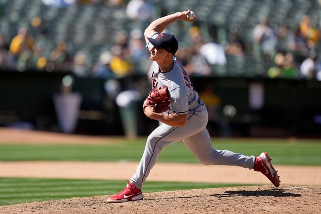 Cleveland Indians relief pitcher James Karinchak throws against the Oakland Athletics during the ninth inning of a baseball game Saturday, July 17, 2021, in Oakland, Calif. (AP Photo/Tony Avelar)