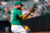 Oakland Athletics pitcher Frankie Montas reacts after New York Yankees' Joey Gallo hit into a double play during the seventh inning of a baseball game in Oakland, Calif., Saturday, Aug. 28, 2021. (AP Photo/Jeff Chiu)