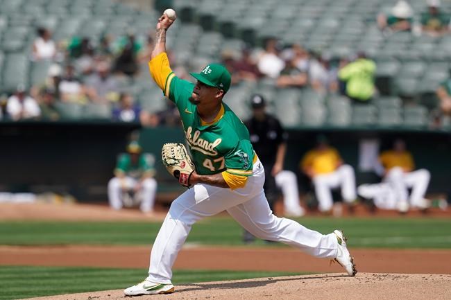 Oakland Athletics' Frankie Montas pitches against the New York Yankees during the first inning of a baseball game in Oakland, Calif., Saturday, Aug. 28, 2021. (AP Photo/Jeff Chiu)
