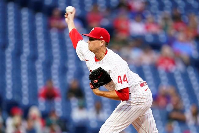 Philadelphia Phillies' Kyle Gibson pitches during the first inning of a baseball game against the Arizona Diamondbacks, Saturday, Aug. 28, 2021, in Philadelphia. (AP Photo/Matt Slocum)
