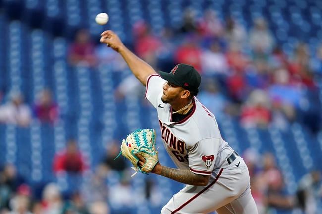 Arizona Diamondbacks' Humberto Mejia pitches during the first inning of a baseball game against the Philadelphia Phillies, Saturday, Aug. 28, 2021, in Philadelphia. (AP Photo/Matt Slocum)