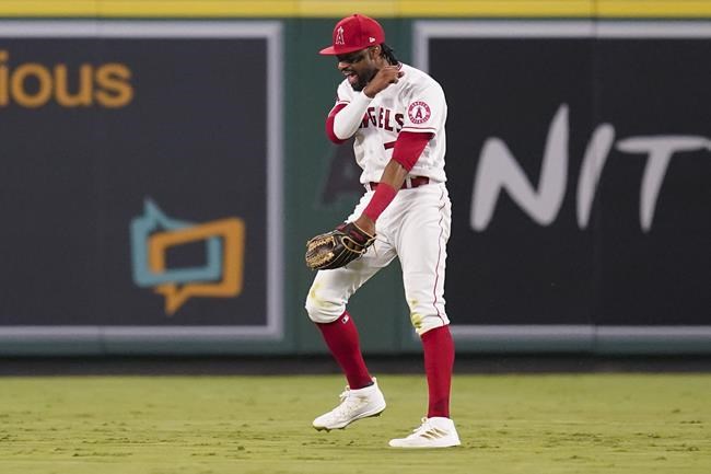 Los Angeles Angels center fielder Jo Adell celebrates after catching a fly ball hit by San Diego Padres' Austin Nola during the sixth inning of a baseball game Friday, Aug. 27, 2021, in Anaheim, Calif. (AP Photo/Ashley Landis)