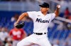 Miami Marlins starting pitcher Jesus Luzardo throws during the first inning of a baseball game against the Cincinnati Reds, Sunday, Aug. 29, 2021, in Miami. (AP Photo/Lynne Sladky)