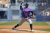 Colorado Rockies starting pitcher Antonio Senzatela (49) throws during the first inning of a baseball game against the Los Angeles Dodgers Sunday, Aug. 29, 2021, in Los Angeles. (AP Photo/Ashley Landis)