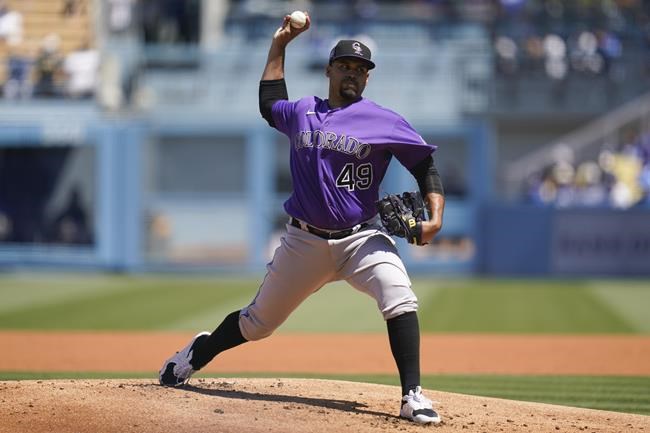 Colorado Rockies starting pitcher Antonio Senzatela (49) throws during the first inning of a baseball game against the Los Angeles Dodgers Sunday, Aug. 29, 2021, in Los Angeles. (AP Photo/Ashley Landis)