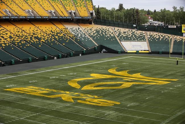 The Edmonton Eskimos unveil their new name and logo, the Edmonton Elks, at Commonwealth Stadium in Edmonton, on Tuesday, June 1, 2021. THE CANADIAN PRESS/Jason Franson