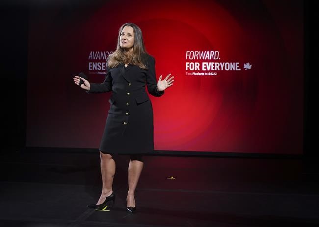Liberal candidate Chrystia Freeland talks about the party’s new election platform during the federal election in Toronto on Wednesday, September 1, 2021. THE CANADIAN PRESS/Nathan Denette
