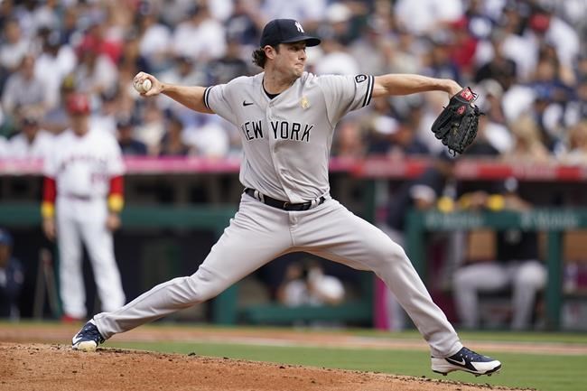 New York Yankees starting pitcher Gerrit Cole throws during the first inning of a baseball game against the Los Angeles Angels Wednesday, Sep. 1, 2021, in Anaheim, Calif. (AP Photo/Ashley Landis)