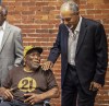 Manny Sanguillen, left, and Dave Cash talk during an event hosted by the Pittsburgh Pirates to honor the 50th anniversary of the first all-minority lineup to take the field in Major League Baseball history, at the Heinz History Center, Wednesday, Sept. 1, 2021, in Pittsburgh. (Alexandra Wimley/Pittsburgh Post-Gazette via AP)