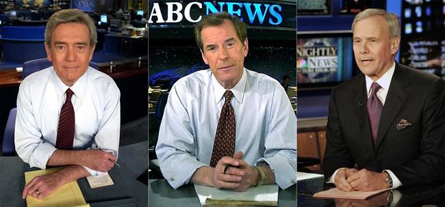 Dan Rather poses in a CBS studio in New York on Feb. 20, 2001, left, Peter Jennings poses on the set of ABC's