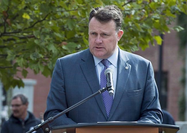 Halifax Mayor Mike Savage addresses the crowd at the annual Treaty Day parade in Halifax on Monday, Oct. 3, 2016. THE CANADIAN PRESS/Andrew Vaughan