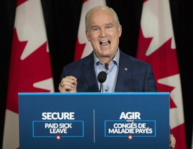 Conservative Leader Erin O’Toole speaks to the media Friday, August 27, 2021 in Corner Brook, N.L. THE CANADIAN PRESS/Ryan Remiorz