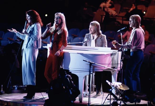FILE - Abba, from left, Anni-Frid Lyngstad, Agnetha Foltskog, Benny Andersson and Bjorn Ulvaeus perform at United Nations General Assembly, in New York, during taping of NBC-TV Special,