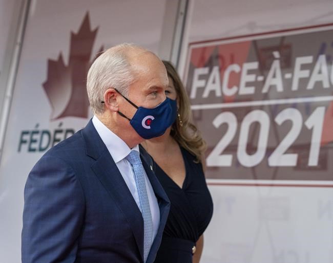 Conservative Leader Erin O'Toole arrives for the TVA French language debate in Montreal on Thursday, September 2, 2021. Canadians will vote in a federal election Sept. 20th. THE CANADIAN PRESS/Frank Gunn