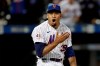 New York Mets pitcher Edwin Diaz reacts after the final out during the ninth inning of a baseball game against the Miami Marlins, Thursday, Sept. 2, 2021, in New York. (AP Photo/Adam Hunger)
