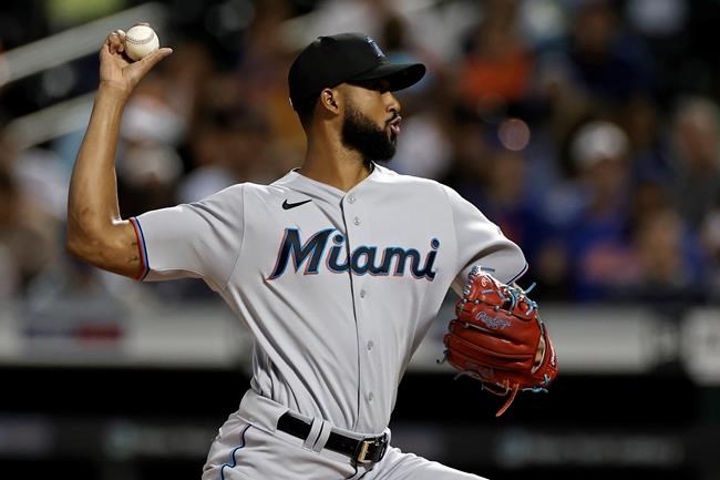 Miami Marlins pitcher Sandy Alcantara throws to a New York Mets batter during the second inning of a baseball game Thursday, Sept. 2, 2021, in New York. (AP Photo/Adam Hunger)