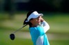 Celine Boutier drives during practice for the Solheim Cup golf tournament, Thursday, Sept. 2, 2021, in Toledo, Ohio. (AP Photo/Carlos Osorio)