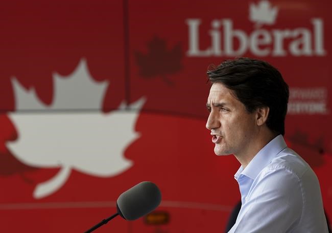 Liberal Leader Justin Trudeau makes a campaign stop in an airplane hanger during the Canadian federal election campaign in Mississauga, Ont., on Friday, Sept. 3, 2021. THE CANADIAN PRESS/Nathan Denette