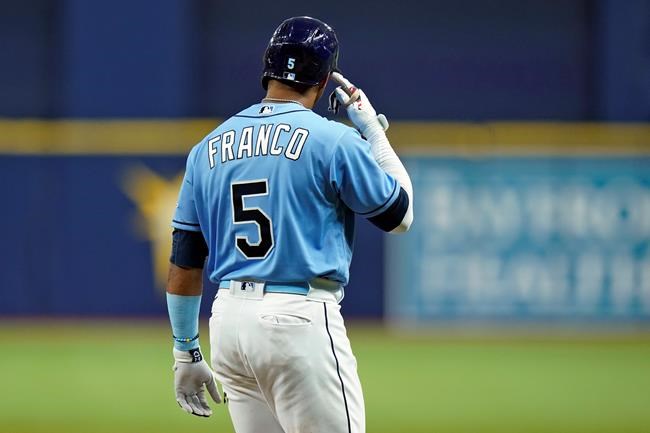 Tampa Bay Rays' Wander Franco points to his head after he drew a walk from Boston Red Sox starting pitcher Eduardo Rodriguez during the seventh inning of a baseball game Thursday, Sept. 2, 2021, in St. Petersburg, Fla. Franco left the game after injuring himself on a swing. (AP Photo/Chris O'Meara)