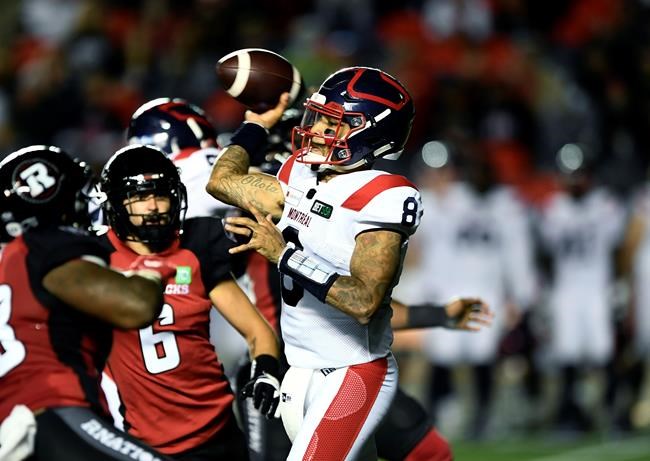 Montreal Alouettes quarterback Vernon Adams Jr., (8) throws the ball against the Ottawa Redblacks during first-half CFL football action in Ottawa on Friday, Sept. 3, 2021. THE CANADIAN PRESS/Justin Tang