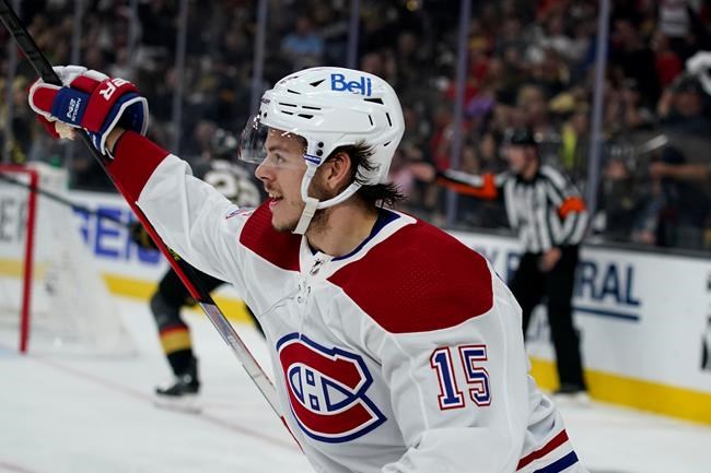 Montreal Canadiens center Jesperi Kotkaniemi (15) celebrates his goal against the Vegas Golden Knights during the first period in Game 5 of an NHL hockey Stanley Cup semifinal playoff series in Las Vegason June 22, 2021. Forward Jesperi Kotkaniemi is now a member of the Carolina Hurricanes. Montreal Canadiens' GM Marc Bergevin said Saturday the club won't match Carolina's one-year, US$6.1-million offer for the 21-year-old restricted free agent.THE CANADIAN PRESS/AP, John Locher