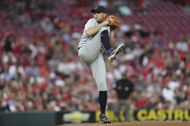 Detroit Tigers starting pitcher Matthew Boyd (48) throws against the Cincinnati Reds during the first inning of a baseball game, Saturday, Sept. 4, 2021, in Cincinnati. (AP Photo/Gary Landers)