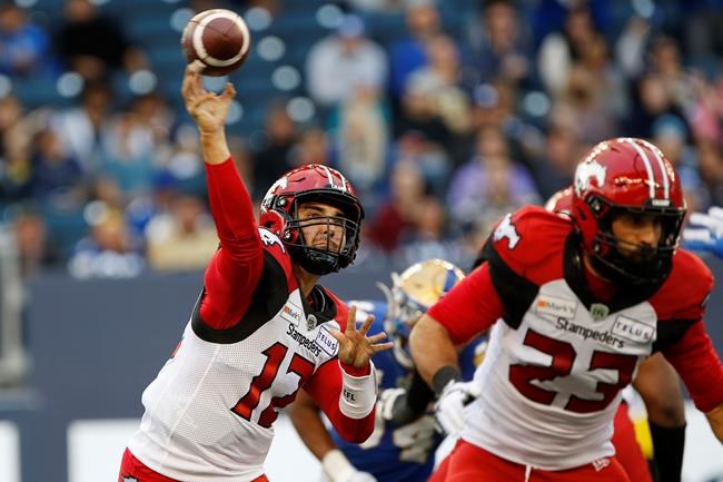 Calgary Stampeders quarterback Jake Maier (12) throws against the Winnipeg Blue Bombers during first half CFL football action in Winnipeg, Sunday, Aug. 29, 2021. THE CANADIAN PRESS/John Woods