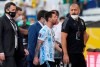 Argentina's Lionel Messi walks off the field after the qualifying soccer match for the FIFA World Cup Qatar 2022 against Brazil was interrupted by health officials in Sao Paulo, Brazil, Sunday, Sept.5, 2021. (AP Photo/Andre Penner)