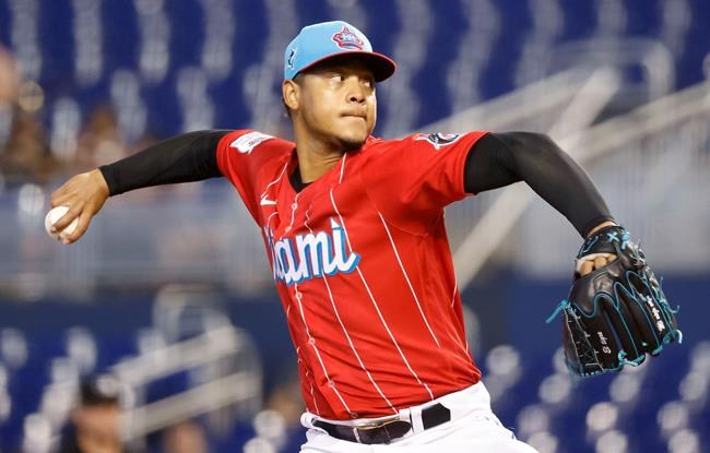 Miami Marlins starting pitcher Elieser Hernandez delivers during the first inning of a baseball game against the Philadelphia Phillies, Saturday, Sept. 5, 2021, in Miami. (AP Photo/Rhona Wise)