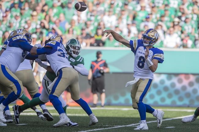 Winnipeg Blue Bombers quarterback Zach Collaros (8) throws the ball during first half CFL football action against the Saskatchewan Roughriders, in Regina, Sunday, Sept. 5, 2021. THE CANADIAN PRESS/Kayle Neis