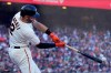 San Francisco Giants' Curt Casali hits an RBI-single against the Los Angeles Dodgers during the third inning of a baseball game in San Francisco, Sunday, Sept. 5, 2021. (AP Photo/Jeff Chiu)