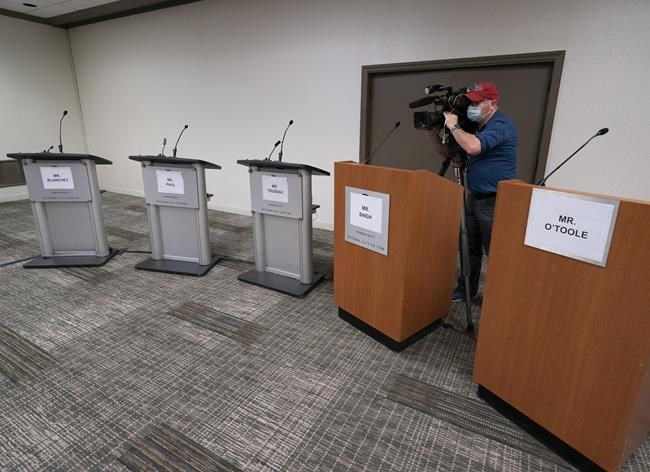 A cameraman films a mock debate set up in downtown Ottawa, Tuesday, Sept. 7, 2021. The debate set up is where NDP Leader Jagmeet Singh is practicing for the upcoming French and English debates. THE CANADIAN PRESS/Jonathan Hayward