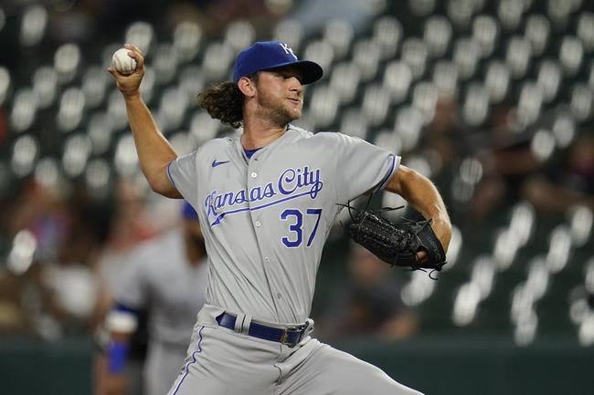Kansas City Royals starting pitcher Jackson Kowar throws a pitch to the Baltimore Orioles during the second inning of a baseball game, Tuesday, Sept. 7, 2021, in Baltimore. (AP Photo/Julio Cortez)