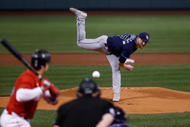 Tampa Bay Rays' Drew Rasmussen pitches to a Boston Red Sox batter during the first inning of a baseball game Tuesday, Sept. 7, 2021, at Fenway Park in Boston. (AP Photo/Winslow Townson)
