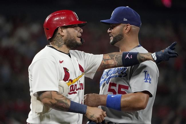 St. Louis Cardinals' Yadier Molina, left, jokes with Los Angeles Dodgers first baseman Albert Pujols after hitting a single during the third inning of a baseball game Tuesday, Sept. 7, 2021, in St. Louis. (AP Photo/Jeff Roberson)