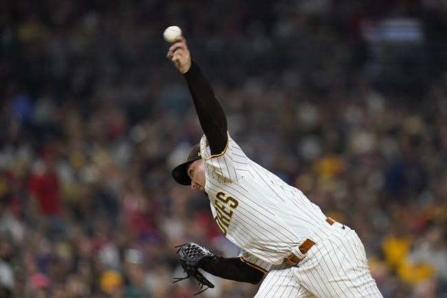 San Diego Padres starting pitcher Blake Snell works against a Los Angeles Angels batter during the fifth inning of a baseball game Tuesday, Sept. 7, 2021, in San Diego. (AP Photo/Gregory Bull)