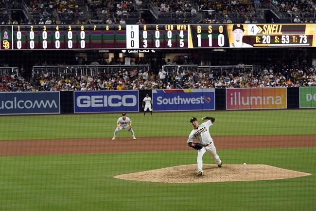San Diego Padres starting pitcher Blake Snell works against a Los Angeles Angels batter during the seventh inning of a baseball game Tuesday, Sept. 7, 2021, in San Diego. (AP Photo/Gregory Bull)