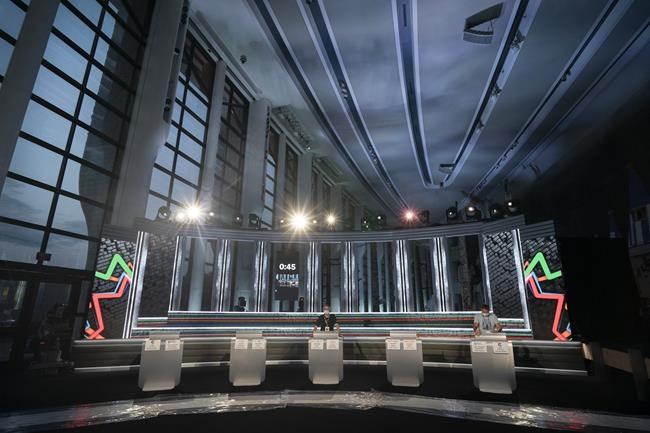 A view of the set for the French-language federal election leaders' debate is shown at the Museum of Canadian History in Gatineau, Que., on Monday, Sept.6, 2021. A Federal Court judge ordered the Leaders' Debates Commission to permit reporters from Rebel News Network to fully cover this week's two official televised leaders' debates. THE CANADIAN PRESS/HO-Radio-Canada/Ivanoh Demers **MANDATORY CREDIT**