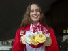 Paralympian Aurelie Rivard holds her five Paralympic swimming medals at a news conference, Wednesday, September 8, 2021 in Montreal. Rivard won two gold, a silver and two bronze medals at the 2020 Tokyo Games.THE CANADIAN PRESS/Ryan Remiorz