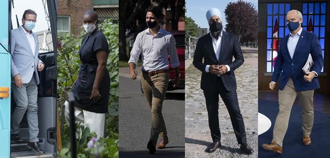 A composite image of five photographs shows, from left to right, Bloc Quebecois Leader Yves-Francois Blanchet is seen in Longueuil, Que., Friday, Aug. 20, 2021; Green Party Leader Annamie Paul in Toronto, Tuesday, Aug. 31, 2021; Liberal Leader Justin Trudeau in Kanata, Ont., Tuesday, Aug. 31, 2021; New Democratic Party Leader Jagmeet Singh in Montreal, Wednesday, Sept. 1, 2021; Conservative Leader Erin O'Toole in Ottawa, Tuesday, Aug. 31, 2021. THE CANADIAN PRESS/Graham Hughes, Chris Young, Nathan Denette, Adrian Wyld, Frank Gunn